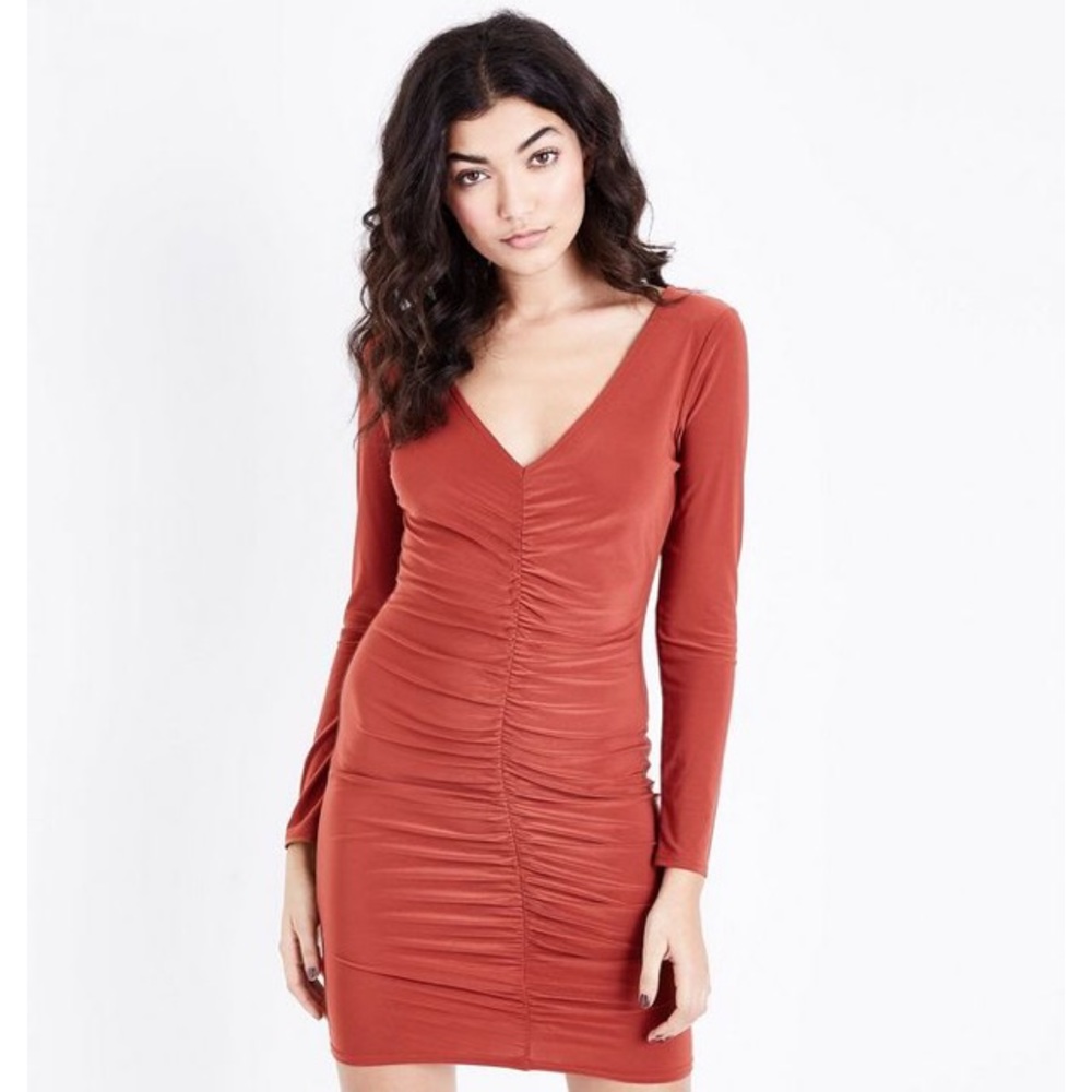 Khaki Ruched Front Long Sleeve Bodycon Dress